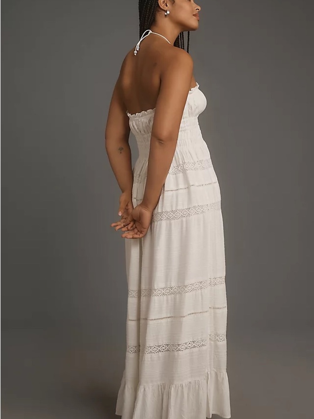 NWT Anthropologie Maeve Ivory Smocked Maxi Dress Lace Trim Boho Romantic